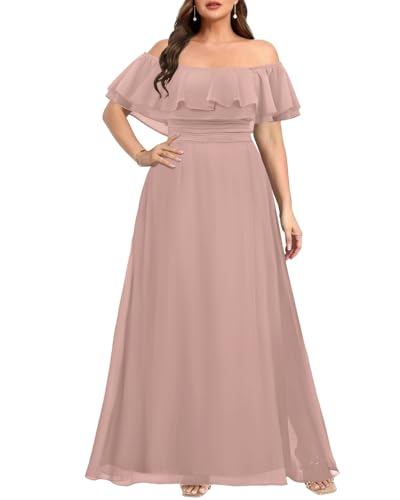 Image of Pinup Fashion Plus Size Formal Bridesmaid Wedding Guest Chiffon Long Dress | Chiffon, off-the-shoulder neckline, layered ruffles, ruched elastic waist, floor-length, evening party, wedding guest