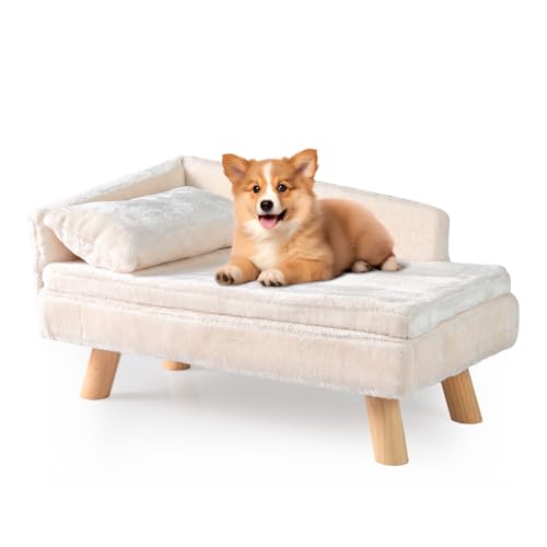 SOARS Divano per cani con schienale e gambe in legno, 71 x 43 x 40 cm, beige