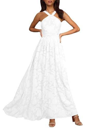 MITILLY Women's Summer Dresses 2025 Boho Halter Neck Sleeveless Smocked Floral Backless A Line Flowy Maxi Dress with Pockets