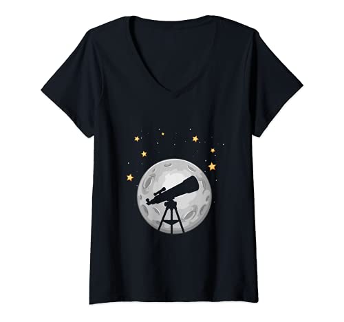 Femme Télescope Télescope Lune Étoiles Observation Astronomie T-Shirt avec Col en V