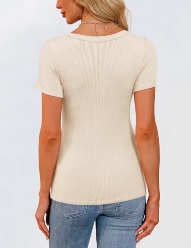 GKBK Womens Short Sleeve Tops Scoop Neck Ribbed Slim Fitted Tight Layering Top Basic Tee Shirts Cute Summer Tops Casual Spring Outfits 2026 Trendy Beige — view 5