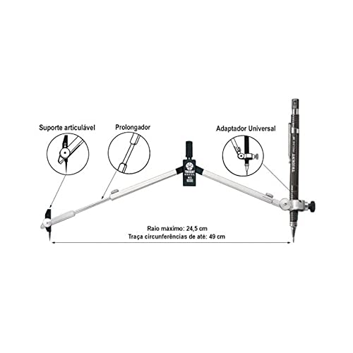Compasso Técnico Completo com Haste Prolongadora, Trident, 9000, Cromo Fosco, Traça Circunferências