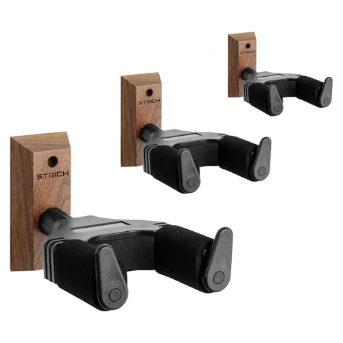 STRICH Lot de 3 supports muraux pour guitare, noyer, en forme de U avec vis, verrouillage automatique pour guitare acoustique, électrique, banjo, basse