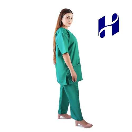 Image of Comfort Scrub Suit for Women - 5-Pocket Set with V Neck Top & Bottom, Half Sleeves, Breathable Fabric - Durable Uniform for Doctors, Nurses, and Dentists in Navy Blue (L, GREEN)