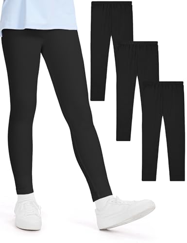 KEREDA 3er-Pack Leggings Mädchen Sporthose Kinder Baumwolle Sport Hose Teenager Turnhose Lang Schwarz 152-158