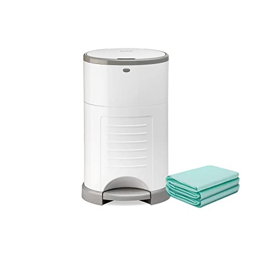 Korbell Mini Nappy Bin & Disposable Liner Bundle Lasting Up to 6 Months | 28 weeks Hygienic, Odour Free & Hands Free |Includes 4 Packs of Biodegradable Liners | Pure White