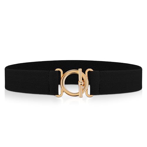 Women Stretch Belt, Invisible Skinny Waist Belts Adjustable Waist Web Strap Black Non Slip Waists Stretch Belt with Gold Flat Buckle For Jeans Pants Dresses