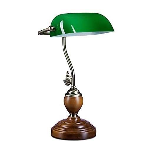 Relaxdays Bankerlampe Holzfuß grün Klassiker Schreibtischlampe – Retro Tischlampe Banker Lampe Messing-Optik & geschwungenen Verzierungen der 30er Jahre – Holz Gals Metall – 26,5 x 43 x 18 cm – E27