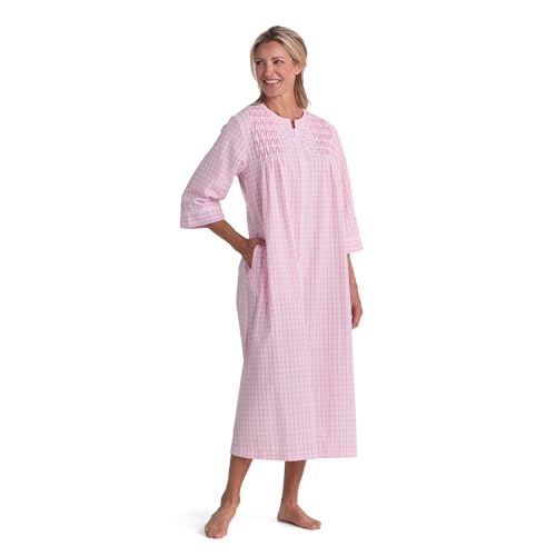 Image of Miss Elaine Long Seersucker Women's Robe, Pockets and Zipper with Front Embroidered Trim, Sleepwear & Loungewear