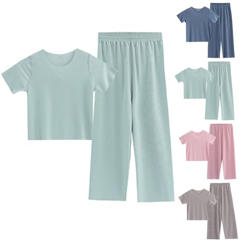 Girls Summer 𝐏ajamas Short Sleeve Tshirt Pants Set Wide Leg Kids Soft 𝐏𝐣𝐬 Plain Matching Outfits Breathable
