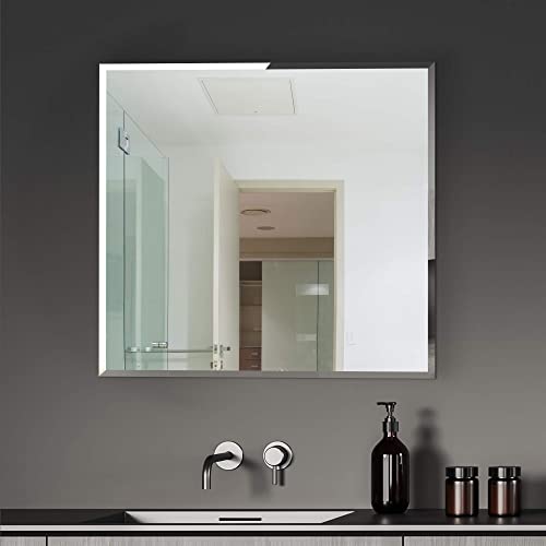 Fab Glass And Mirror Wall Mounted 30"X30" Frameless Square Mirror | 1" Beveled Edge Mirror With Hooks For Bathroom Wall, Hallway, Bedroom, Makeup Vanity #TOP7