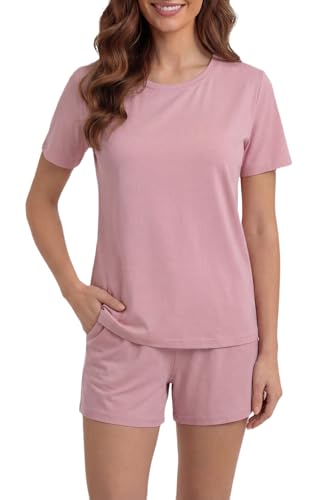 Image of LUBOT Pajamas for Women Set Bamboo Viscose with Cotton Cooling Soft 2 Piece PJ Sets Short Sleeve Nightwear S-2XL