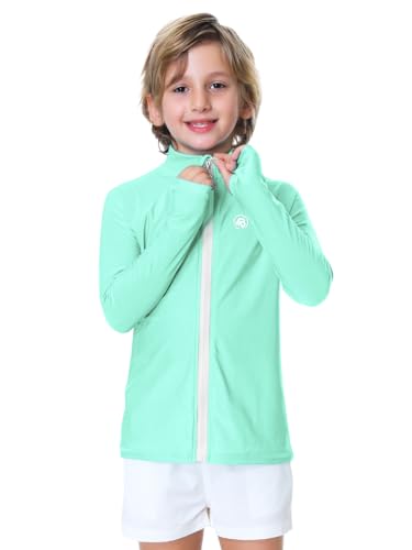 Image of Girl Zip Up Rash Guard Boys Long Sleeve Swim Shirts SPF 50 Uv Protection Sun Shirt with Thumb Holes Mint 3-4 Years