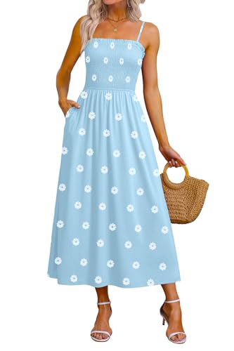 OFEEFAN Boho Maxi Dress Spaghetti Strap Spring Sundresses for Women Smocked 2026 Summer Swing Flowy Dresses Blue Daisy M