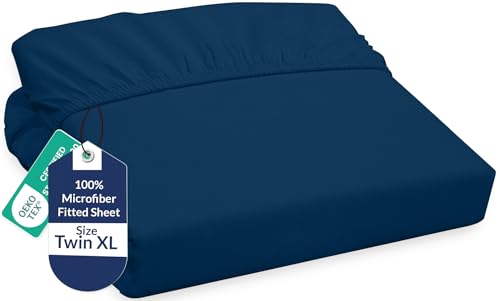 Image of Royale Linens Fitted Sheet Twin XL - Ultra Soft 1800 Brushed Microfiber - Hotel Luxury Bottom Sheets - Wrinkle Free & Fade Resistant - Deep Pocket Fitted Sheet Only (Twin XL, Navy)