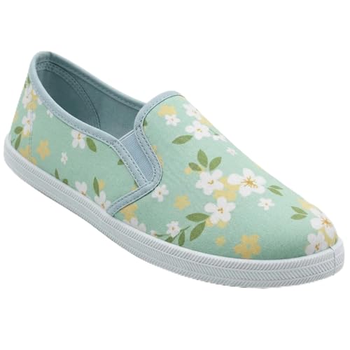 Image of Womens Floral Canvas Plimsolls Slip On Trainers Ladies Casual Flat Pumps Lightweight Breathable Summer Shoes Comfort Cushioned Walking Gym Fashion Sneakers Sage Floral 6