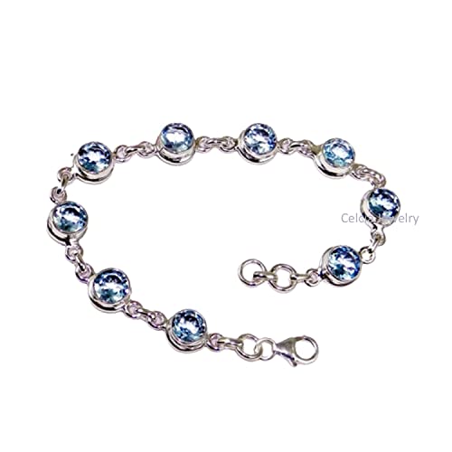 Bracciale in argento sterling 925 massiccio per uomo donna, braccialetto artigianale con pietre preziose multi topazio blu rotondo autentico per lei lui