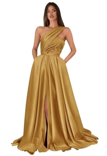 One Shoulder Satin Prom Dress with High Slit A Line Ball Gown Long Evening Formal Dress for Women