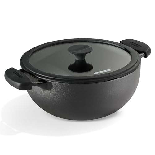 Image of TRAMONTINA TITANEX 26cm / 4.6L Pre-Seasoned Heritage Cast Iron Deep Kadai with Toughened Glass Lid | Snap-On Silicone Grips | Kadhai for Curry | Gas & Induction Cookware | Life-Time Warranty