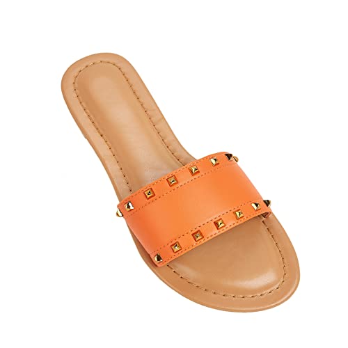 Getmorebeauty Flat Slide Sandals For Women Dressy Summer Studded Slip On Sandals Orange 7.5 Us #TOP17