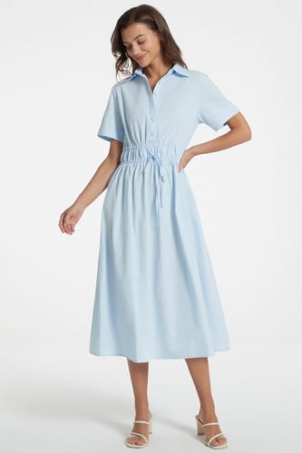 Image of Ladyful Women Casual Button Down Short Sleeve Shirt Dress Tie Waist Midi Shirt Dress Elegant Business Party