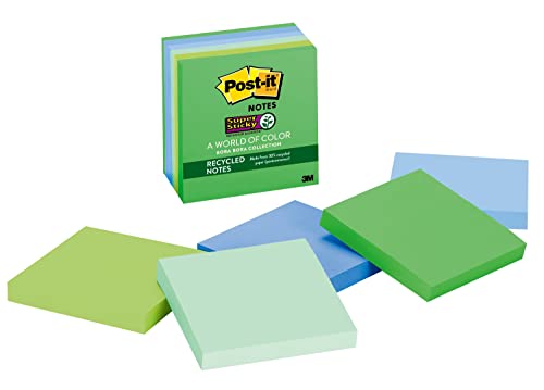 Image of Post-it Recycled Super Sticky Notes, 3 x 3-Inches, Assorted Tropical Colors, 6-Pads /Pack