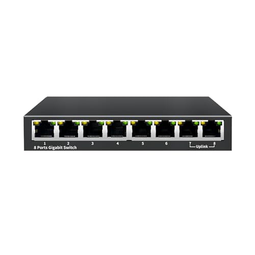 8 Port Gigabit Switch, Unmanaged Ethernet Switch with Traffic Optimization, Plug & Play, Fanless Metal Design Network Switch Hub, Desktop/ Wall-Mount
