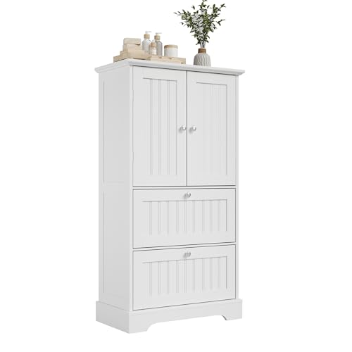 Treocho Bathroom Storage Cabinet, Bathroom Floor Cabinet with 2 Drawers and 2 Doors, Freestanding Cupboard for Living Room, White