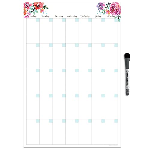 Dry Erase Monthly Calendar Planner Sticker Decal | Removable & Reusable | Magnetic Fine-Tip Marker Included (12 x 18 inches, Floral)