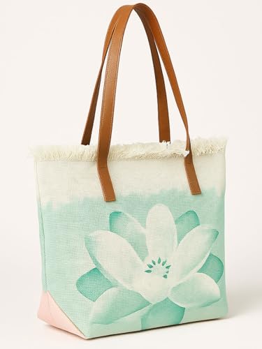 Image of GRECIILOOKS Eco Canvas Boho Tote Bag for Women, Spacious Jute Handbag with Faux Leather Straps, Frayed Edge & Floral Print, Lightweight Shoulder Bag for Beach Travel Shopping Work