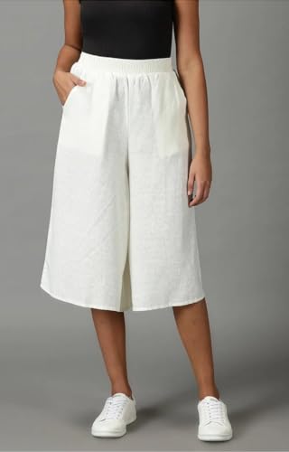 Image of SHOWOFFFF Women Solid Culottes Trousers | Linen Trouser for Womens | Mid-Rise Regular Fit Three-Fourth Length Trousers for Women's
