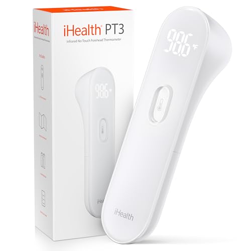 iHealth No-Touch Forehead Thermometer for Adults, Kids, Babies – 1s Fast Accurate, 3 Ultra-Sensitive Sensors, Quiet Vibration Feedback, Digital Large LED Digits, Easy to Use for Home & Nurses, PT3