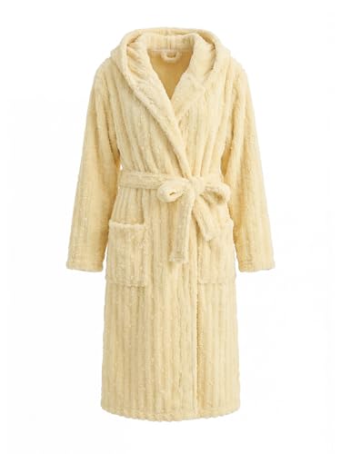 HEARTNICE Fuzzy Soft Robes for Women, Long Plush Hooded Robe Fluffy Warm Bathrobes(Light Yellow,S/M)