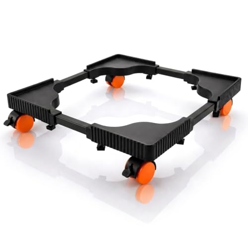Image of Adjustable Washing Machine Stand with Lockable Wheels | Black Plastic Pipe Frame with Durable Plastic Corners | Rust-Proof Anti-Vibration Fridge Base Trolley | Movable Appliance Stand Size: 40-65 cm