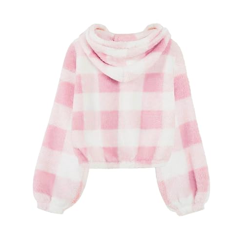 Fuzzy Hoodies for Kids Girls Plaid Warm Button Hooded Pullovers Preppy Oversized Sherpa Fashion Sweatshirts2