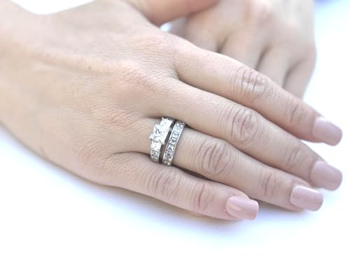 Three Stone 6mm Princess CZ Stainless Steel Wedding Ring Set4