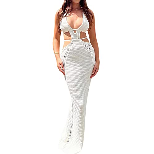 Image of NUFIWI Women Backless Hollow Out Long Dress Sexy Knitted Maxi Dress Bodycon Spaghetti Strap Cocktail Party Midi Dress