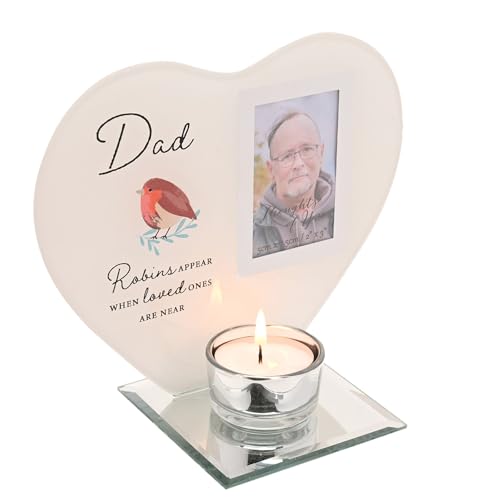 Image of Thinking of You Dad Memorial Heart Shaped Tea Light Candle Holder, Photo Frame Keepsake, 145x175x85mm