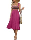 KUNJLELP Vestidos Casuales para Mujer Vestido Boho de Verano con Tirantes de Lazo Vestido Midi A-Line con Busto de Punto Étnico Vestido de Playa y Vacaciones,Púrpura,L