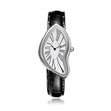 GORBEN Women Watch - Creative Melting Silver Watch, Quartz, Waterproof, Analog Roman Numeral Dial, Black Leather Strap, Luxury Unique Art Irregular Dial Wristwatch for Men, Business Casual Dress Watch