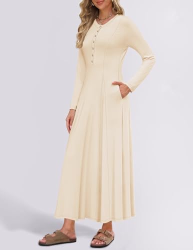 Image of ZESICA Women's Elegant Maxi Dresses 2026 Fall Long Sleeve Button Casual A Line Boho Flowy Dress with Pockets