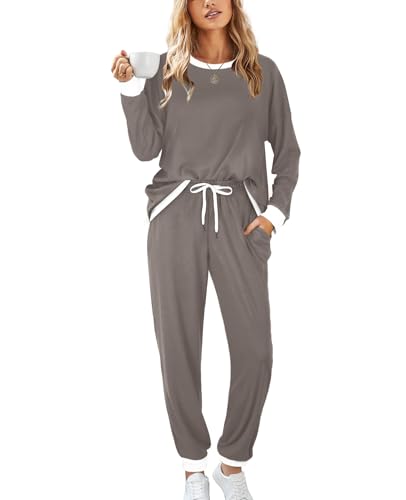 Image of XIEERDUO Pajamas For Women Long Sleeve Crew Neck With Pockets Tie Dye Leopard Plaid Lounge Sets Two Piece Outfits Pj Set