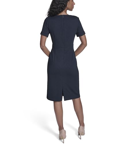 Image of Tommy Hilfiger Women's Short Sleeve Round Neck Novelty Button Tweed Mini Sheath Dress