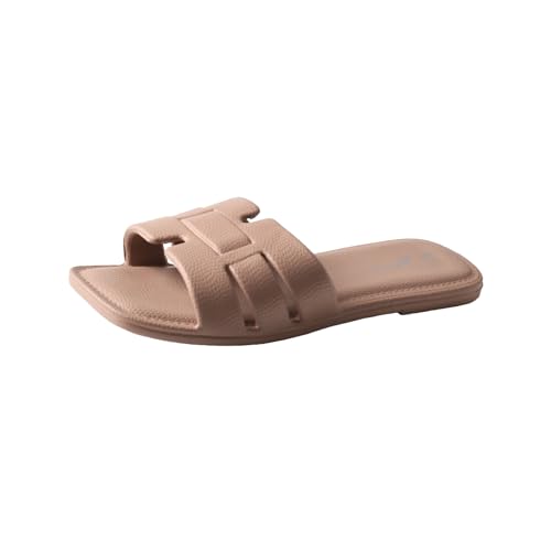 TMA EYES Women's Open Toe Flat Slippers Fashion Beach Slides for Summer(Brown，8)