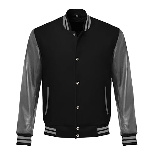 Image of Red And Black Letterman Jacket Men - Mens Black Varsity Letterman High School Baseball Bomber Jacket