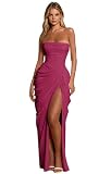 Corsé de sirena sin tirantes para mujer, vestido de gasa plisado para invitada de boda, vestido largo formal de noche con abertura, fucsia, 46 Grande