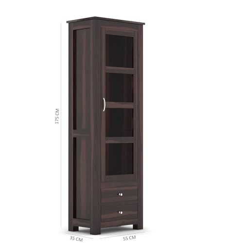 Image of Wood Book Shelf with Glass Door, Wooden Book Rack for Home Library, Kitchen Crockery Cabinet, Wooden Almirah, Bookcases, Book Shelf Storage 2 Drawers, Home Furniture, Walnut Finish