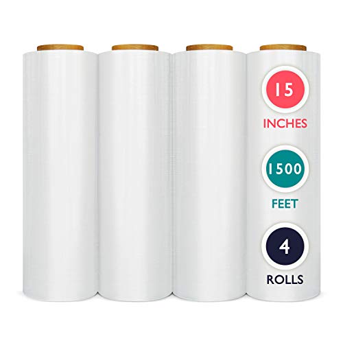 4 Rolls 15 Inch X 1500 Ft Pre-Stretched Wrap, 30 Gauge High Performance Film Replaces 70 Gauge Low Films, Clear Hand Stretch Wrap #TOP26