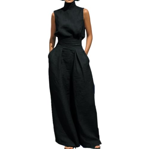 Conjunto de lino de dos piezas con acabados premium y pantalones de pierna ancha fluidos