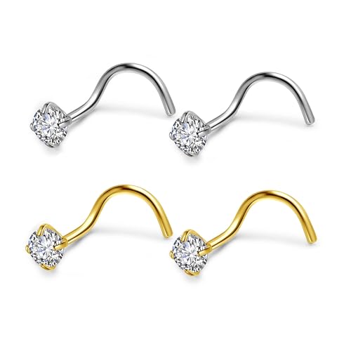PiercingJak 4PCS Piercing Nez Or Argent Acier Chirurgical Strass Percing Au Nez Courbe Boucle de Nez Septum Zircon Cristal Acier Inoxydable Bijoux de Corps
